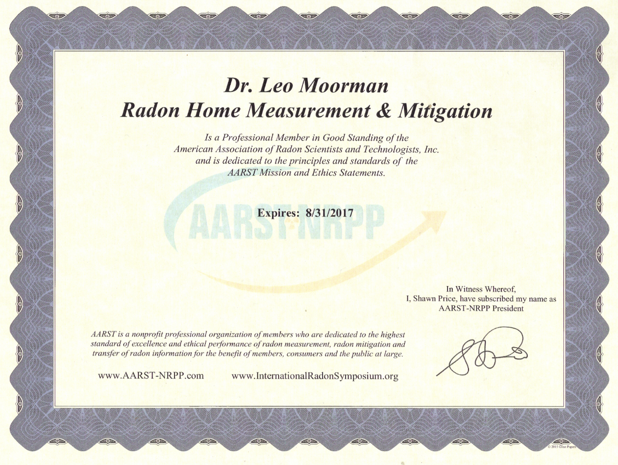 AARST-NRPP Proof of Membership for our president, Dr. Leo Moorman