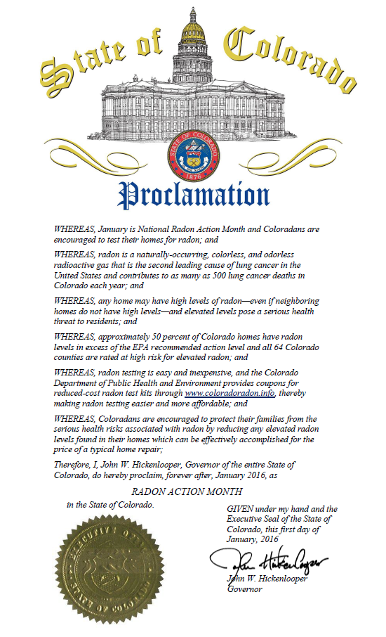 Colorado Proclamation by Governor Hickenlooper, January 2016