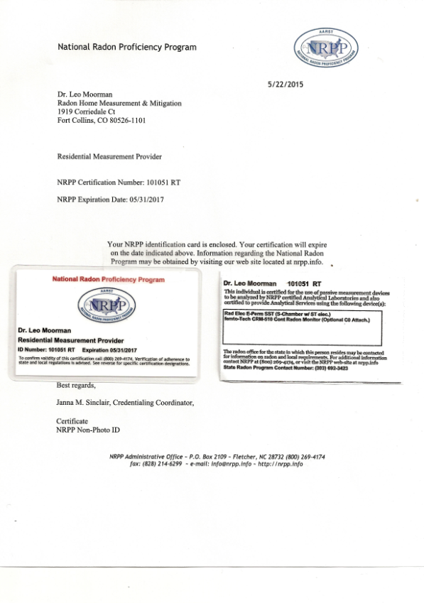 Radon Measurement Certification Exp. 5/31/2017